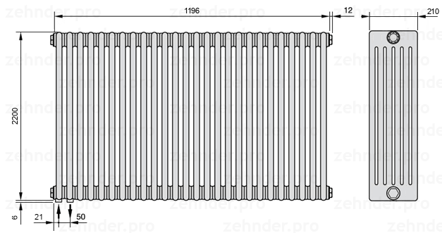 Схема (чертеж) Радиатор Zehnder Charleston 6220/26 №3370 Белый глянцевый RAL 9016